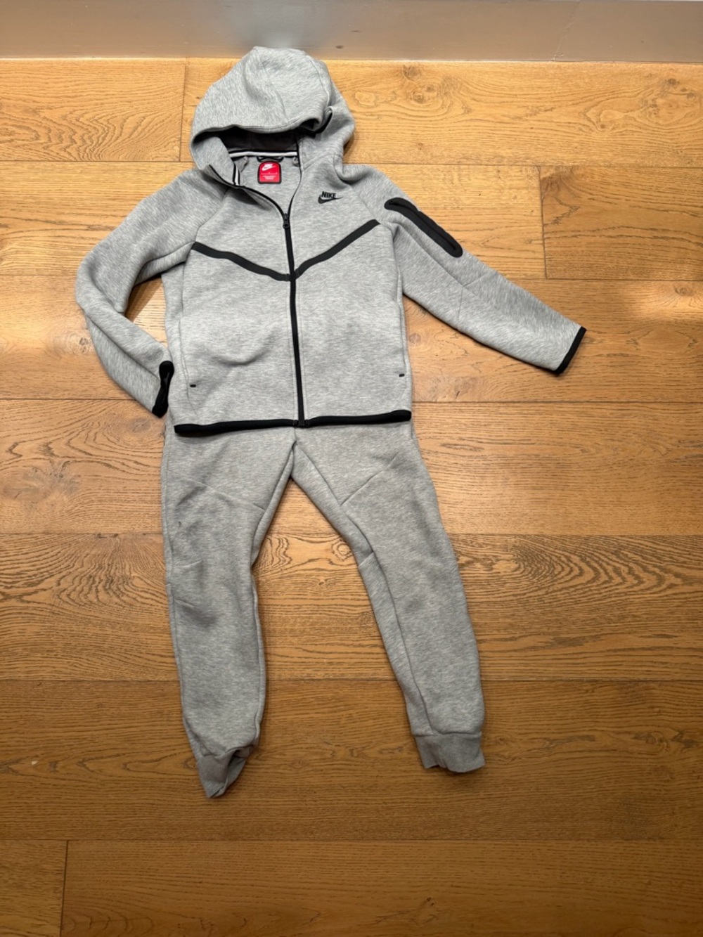 Nike Tech Kids Gray Hooded Sweatshirt & Jogger Set with Black Trim